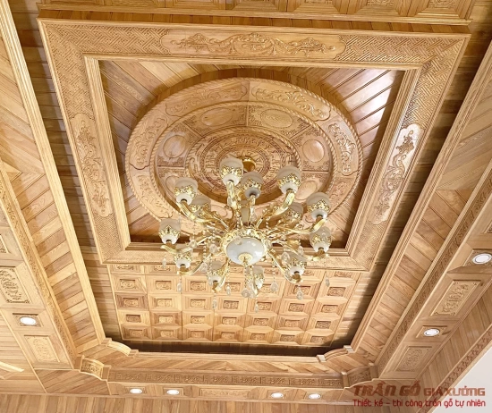 Trần gỗ pơ mu tam cấp phòng khách